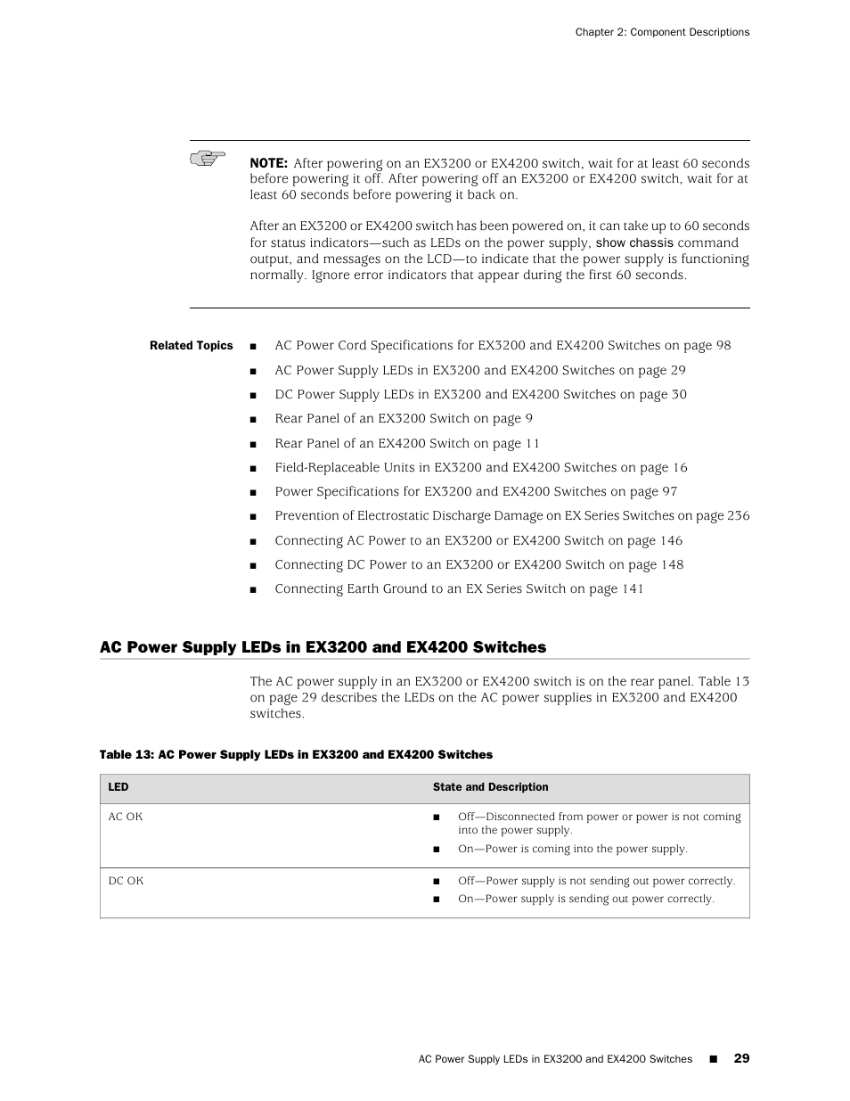 Ac power supply leds in ex3200 and ex4200 switches | Juniper Networks EX4200 User Manual | Page 55 / 284