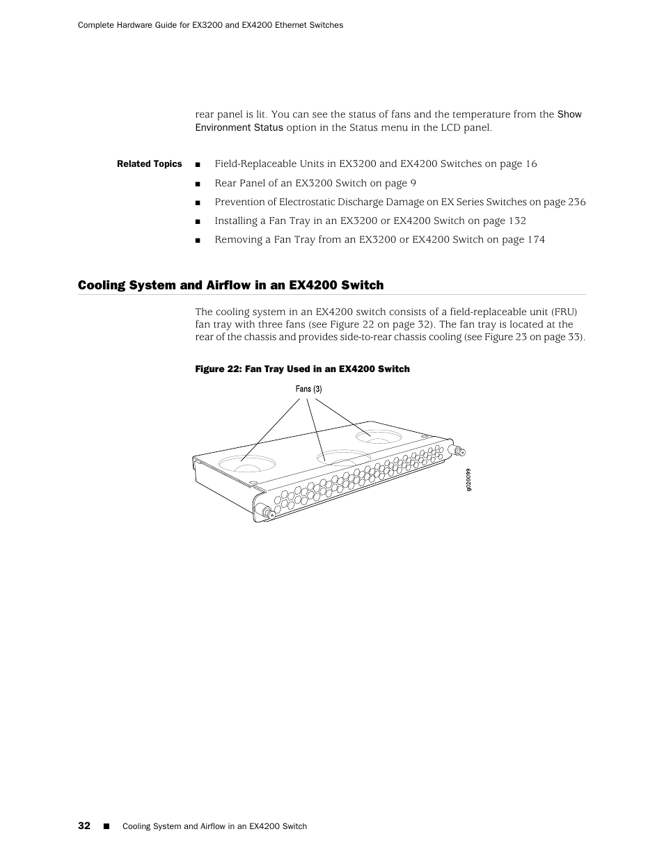 Cooling system and airflow in an ex4200 switch, Figure 22: fan tray used in an ex4200 switch | Juniper Networks EX4200 User Manual | Page 58 / 284