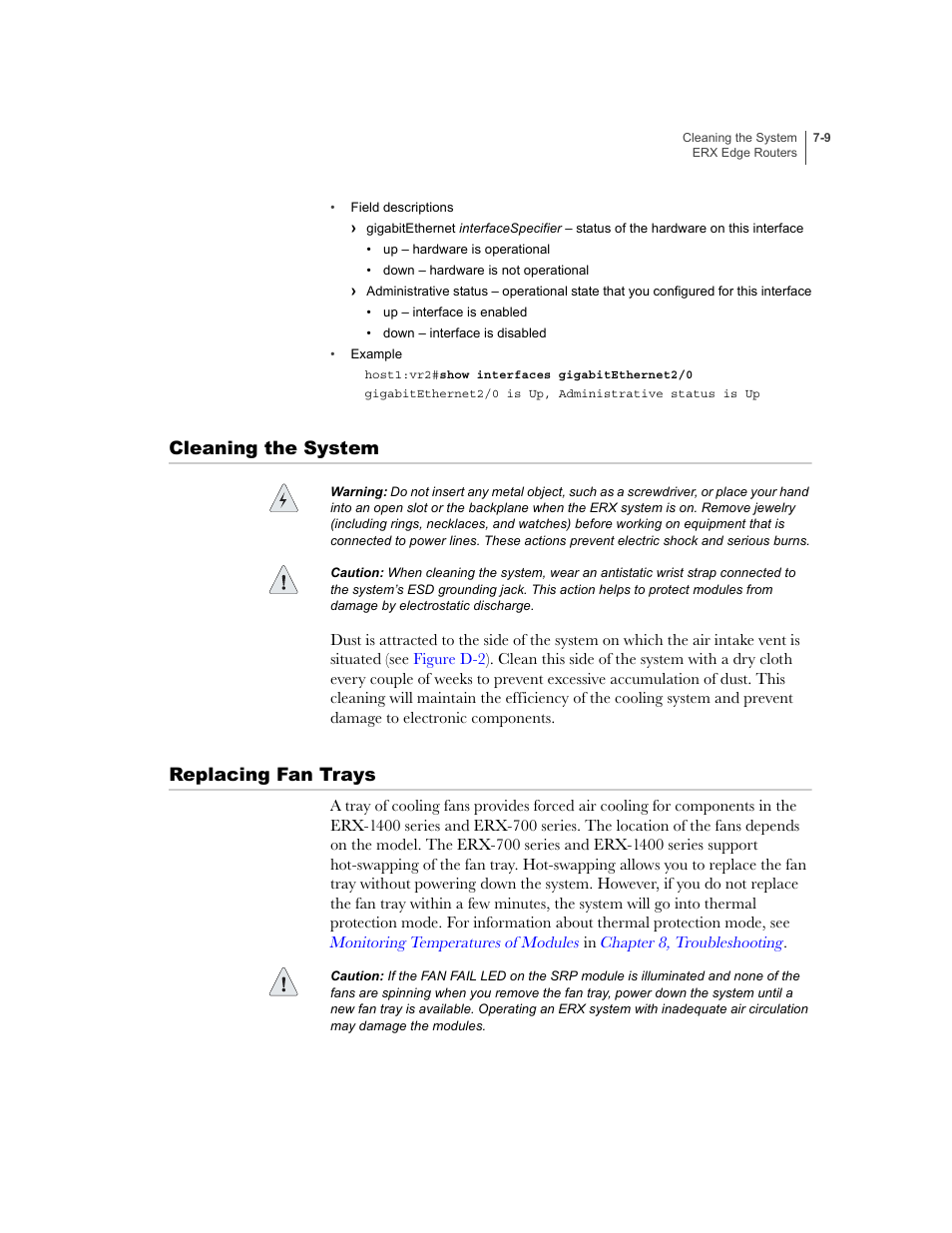 Cleaning the system, Replacing fan trays, Cleaning the system -9 replacing fan trays -9 | Juniper Networks ERX-1410 User Manual | Page 101 / 184