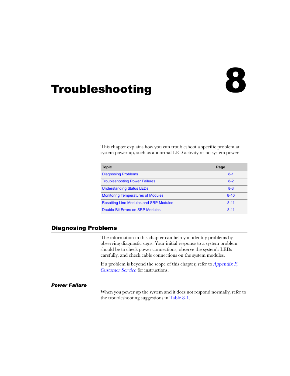 Troubleshooting, Diagnosing problems, Power failure | Chapter 8, Diagnosing problems -1, Power failure -1, Chapter 8, troubleshooting | Juniper Networks ERX-1410 User Manual | Page 107 / 184