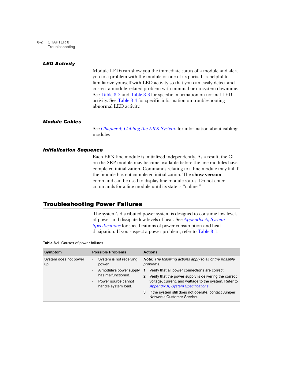 Led activity, Module cables, Initialization sequence | Troubleshooting power failures, Troubleshooting power failures -2, Table 8-1 | Juniper Networks ERX-1410 User Manual | Page 108 / 184
