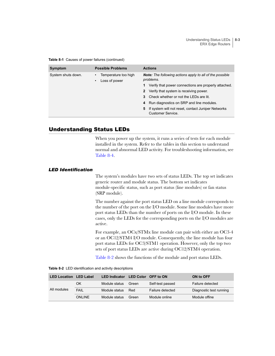 Understanding status leds, Led identification, Understanding status leds -3 | Led identification -3, Table 8-2 | Juniper Networks ERX-1410 User Manual | Page 109 / 184