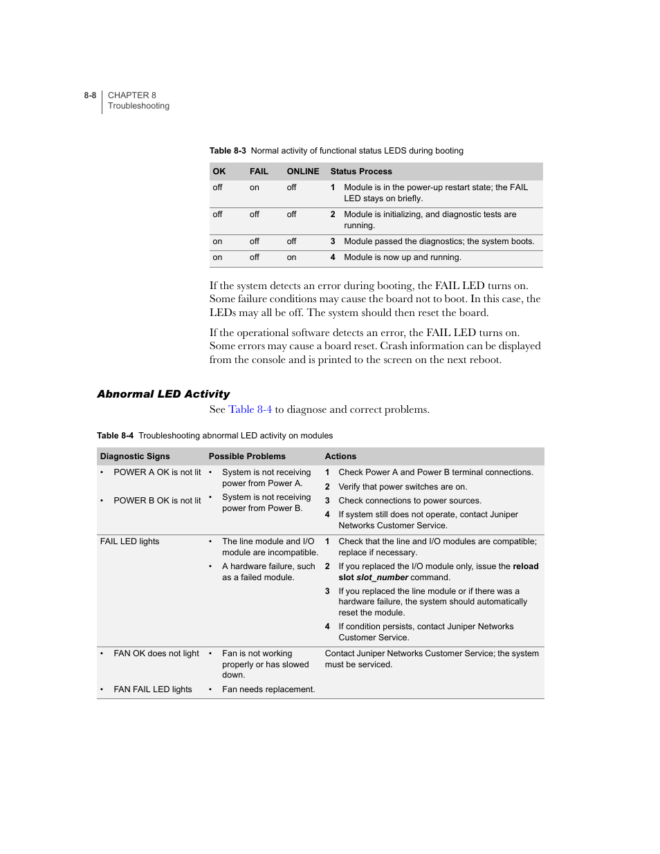 Abnormal led activity, Abnormal led activity -8, Table 8-3 | Table 8-4, See table 8-4 to diagnose and correct problems | Juniper Networks ERX-1410 User Manual | Page 114 / 184