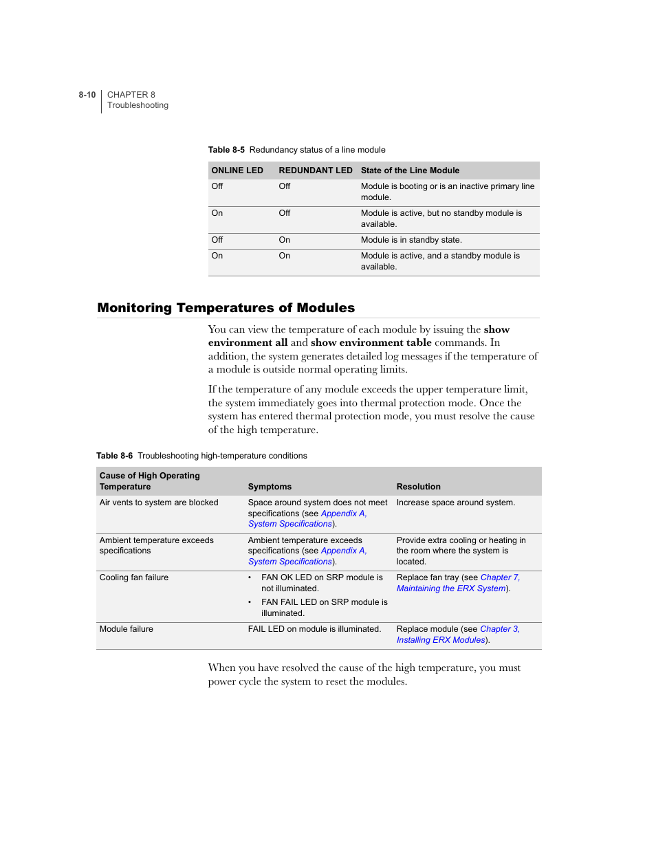 Monitoring temperatures of modules, Monitoring temperatures of modules -10 | Juniper Networks ERX-1410 User Manual | Page 116 / 184