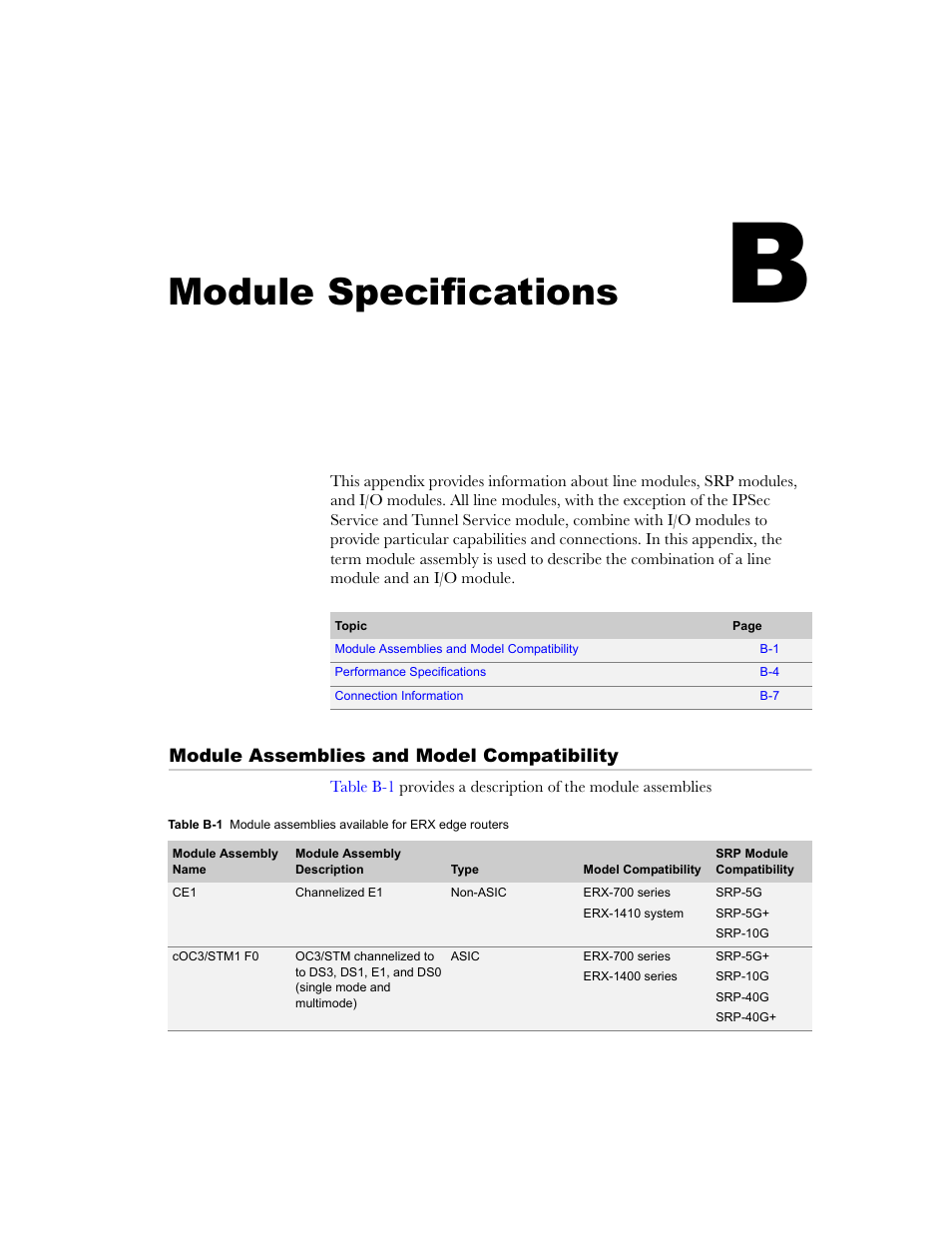 Module specifications, Module assemblies and model compatibility, Appendix b | Srp modules, see, Appendix b, module specifications, Appendix b, module, Specifications, In t | Juniper Networks ERX-1410 User Manual | Page 123 / 184