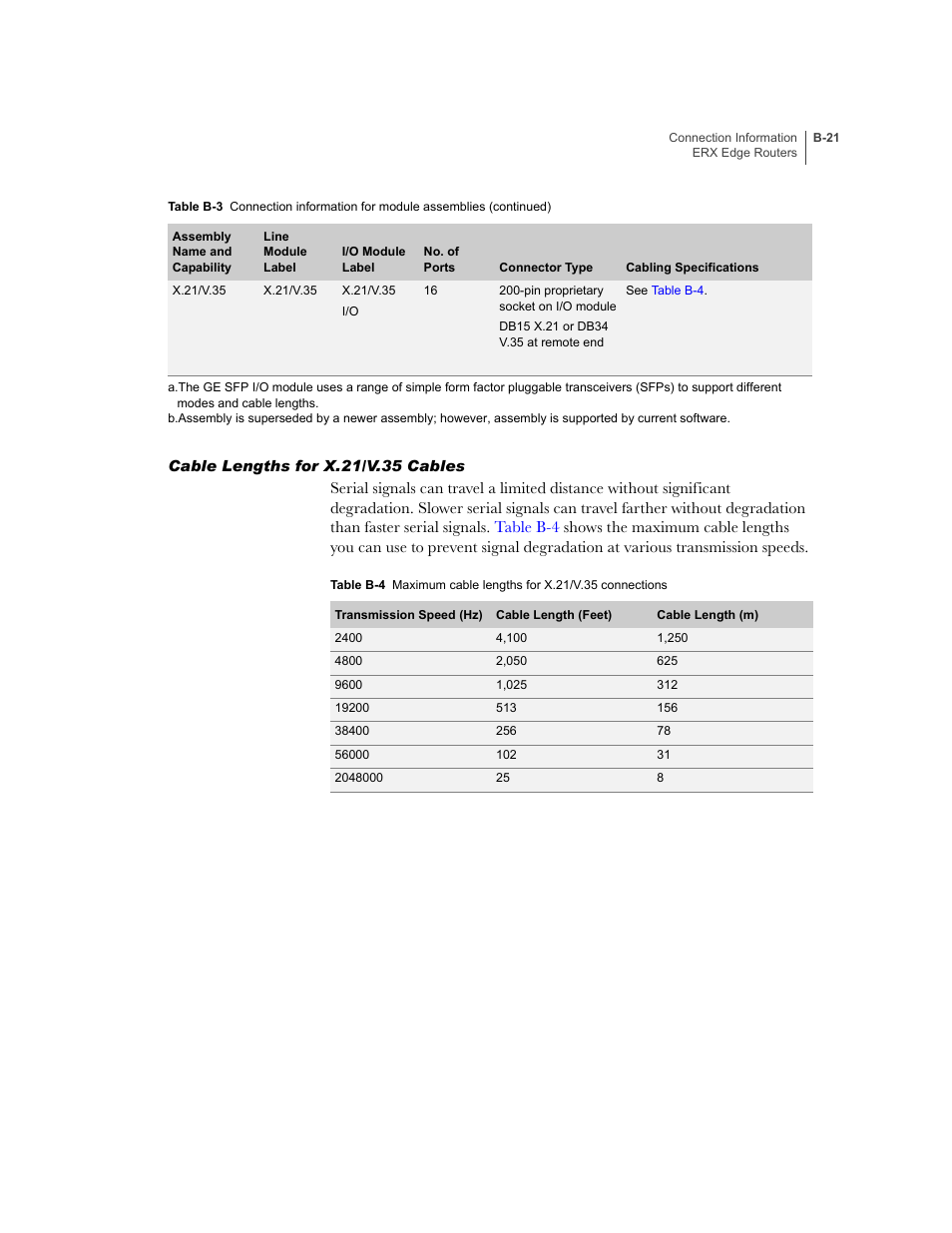 Cable lengths for x.21/v.35 cables | Juniper Networks ERX-1410 User Manual | Page 143 / 184