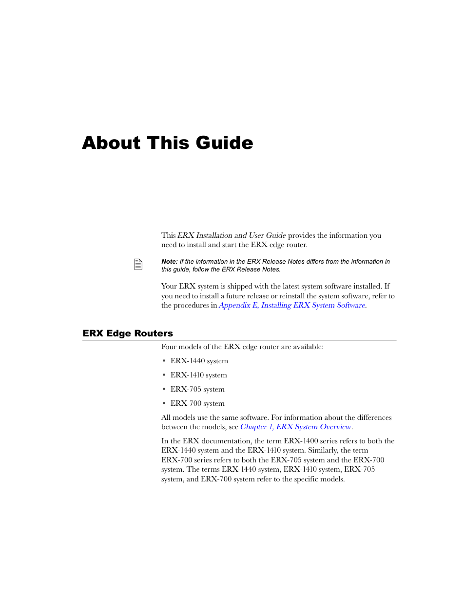 About this guide, Erx edge routers | Juniper Networks ERX-1410 User Manual | Page 15 / 184