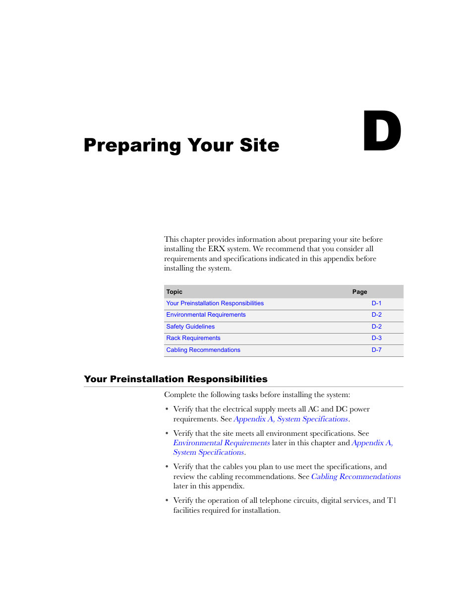 Preparing your site, Your preinstallation responsibilities, Appendix d | Appendix d, preparing your site | Juniper Networks ERX-1410 User Manual | Page 153 / 184