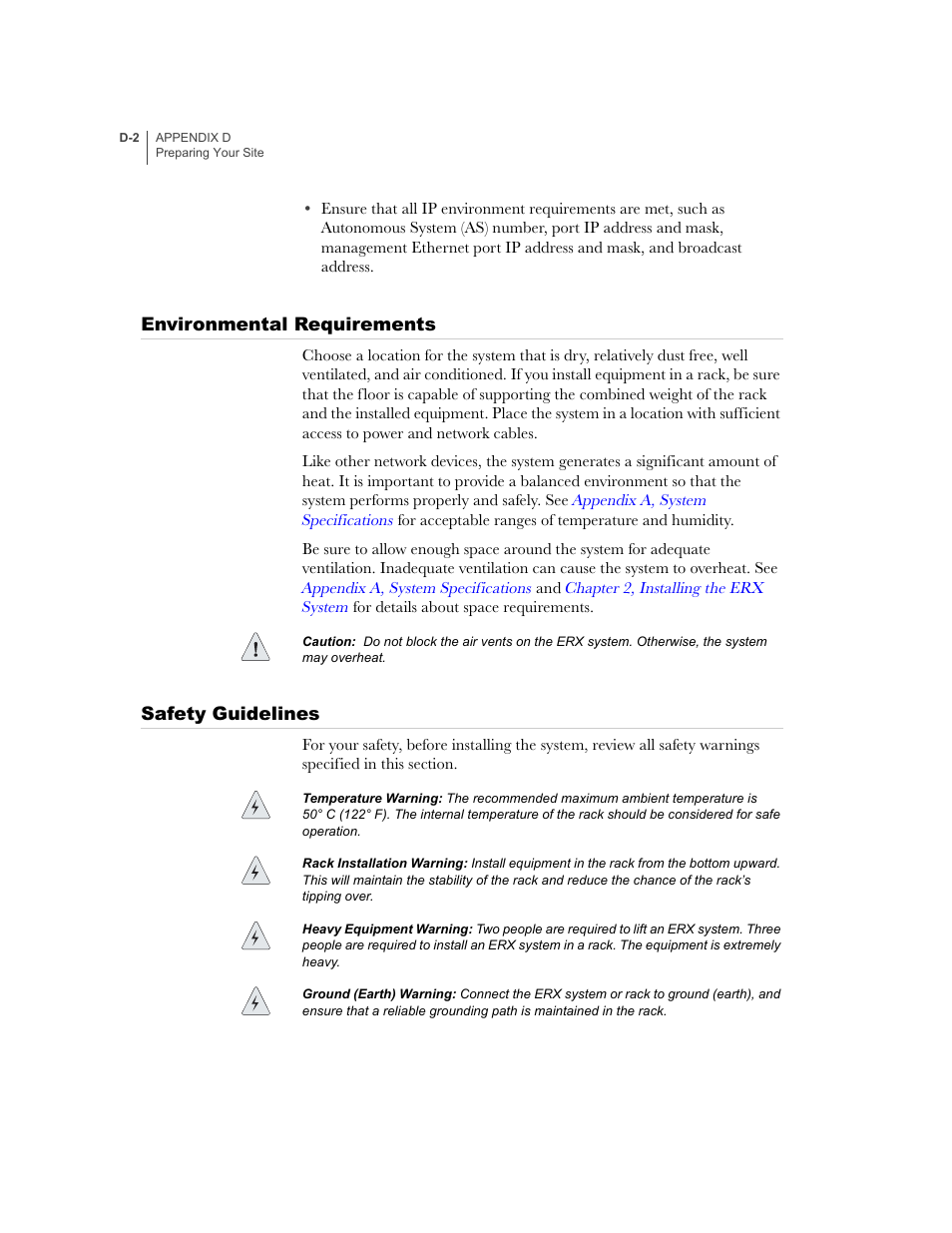 Environmental requirements, Safety guidelines | Juniper Networks ERX-1410 User Manual | Page 154 / 184