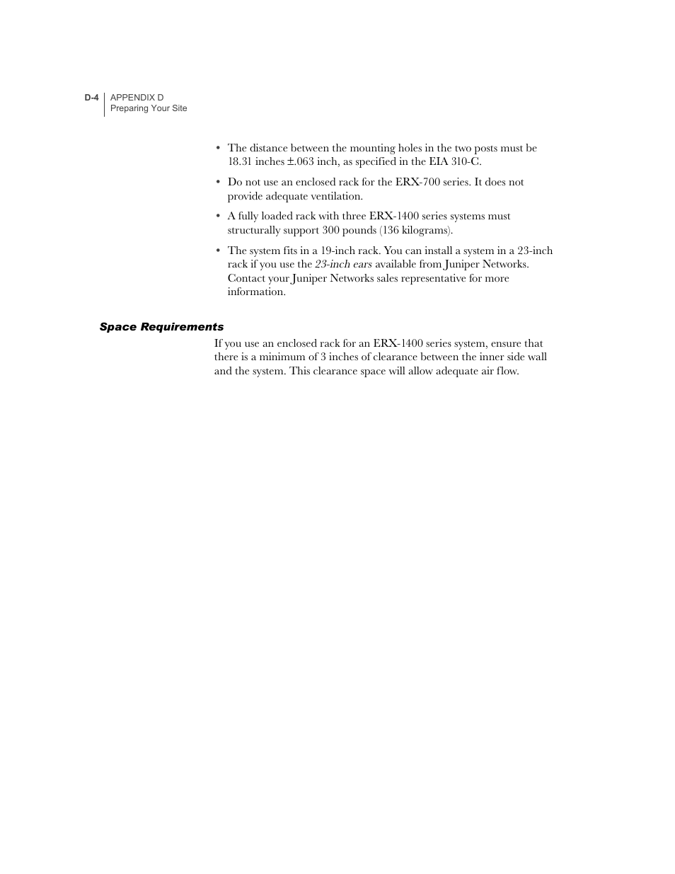 Space requirements | Juniper Networks ERX-1410 User Manual | Page 156 / 184