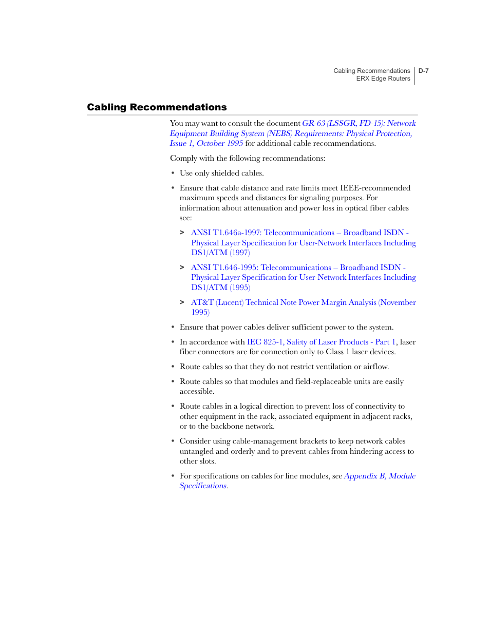 Cabling recommendations, S. see | Juniper Networks ERX-1410 User Manual | Page 159 / 184