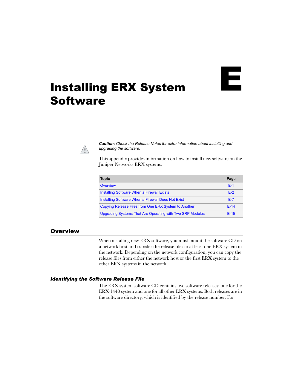 Installing erx system software, Overview, Identifying the software release file | Appendix e | Juniper Networks ERX-1410 User Manual | Page 161 / 184