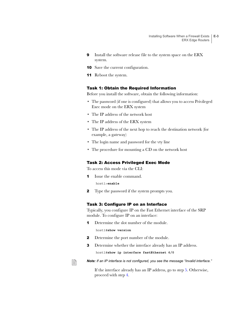 Task 1: obtain the required information, Task 2: access privileged exec mode, Task 3: configure ip on an interface | Juniper Networks ERX-1410 User Manual | Page 163 / 184