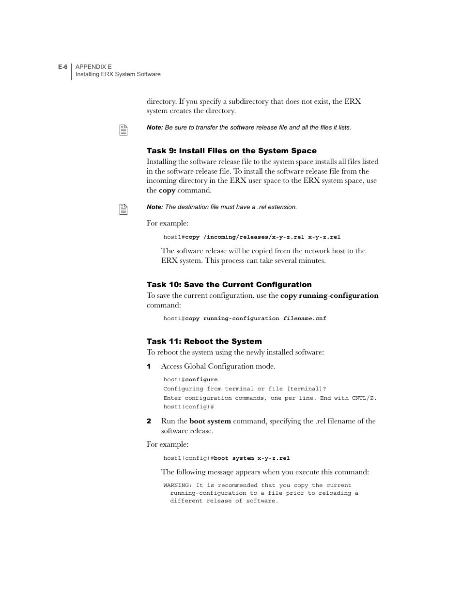 Task 9: install files on the system space, Task 10: save the current configuration, Task 11: reboot the system | Juniper Networks ERX-1410 User Manual | Page 166 / 184