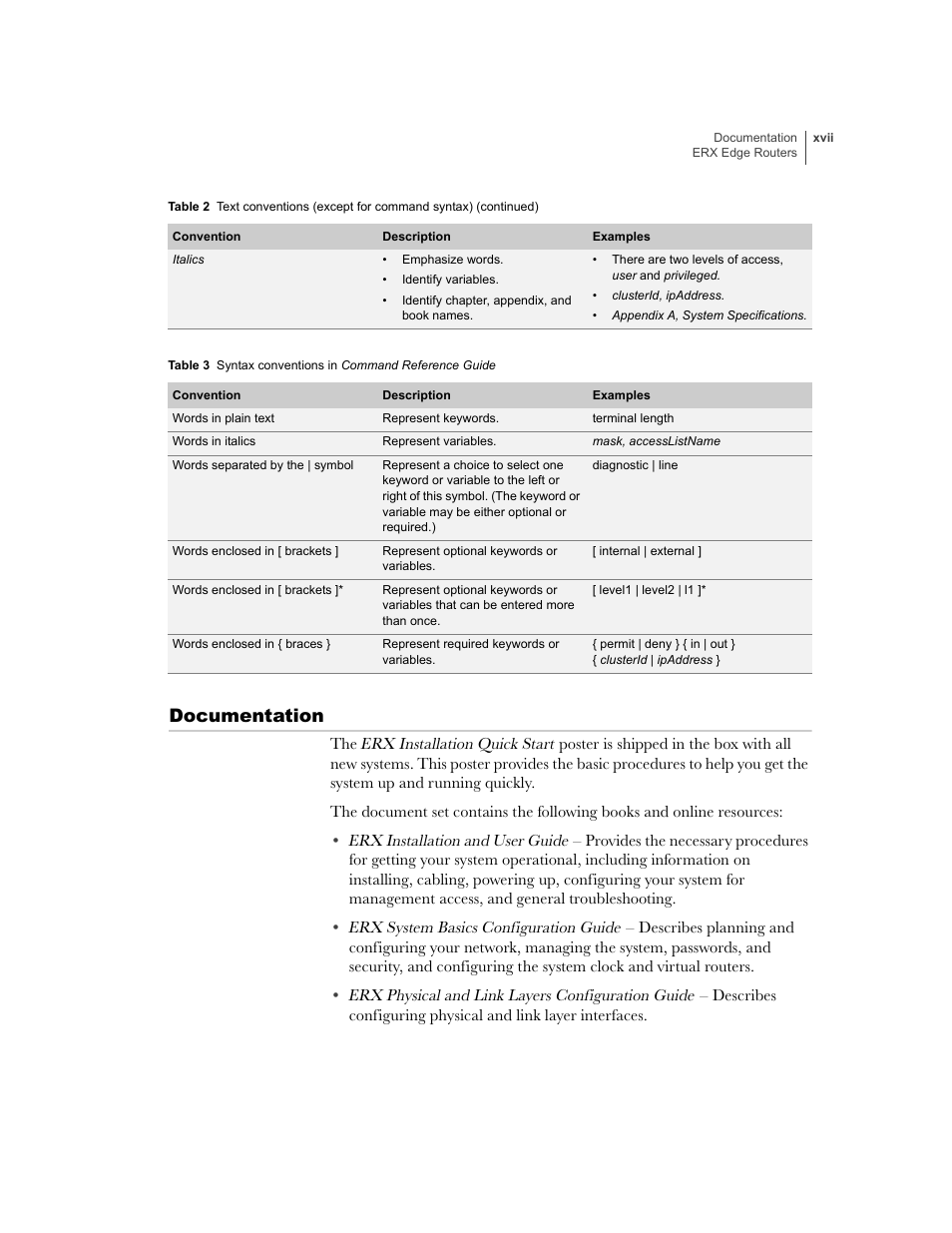 Documentation, Table 3 | Juniper Networks ERX-1410 User Manual | Page 17 / 184