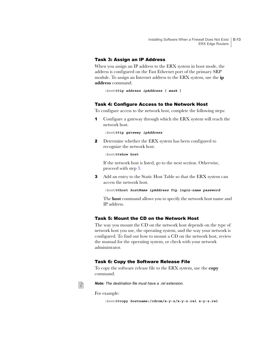 Task 3: assign an ip address, Task 4: configure access to the network host, Task 5: mount the cd on the network host | Task 6: copy the software release file | Juniper Networks ERX-1410 User Manual | Page 173 / 184