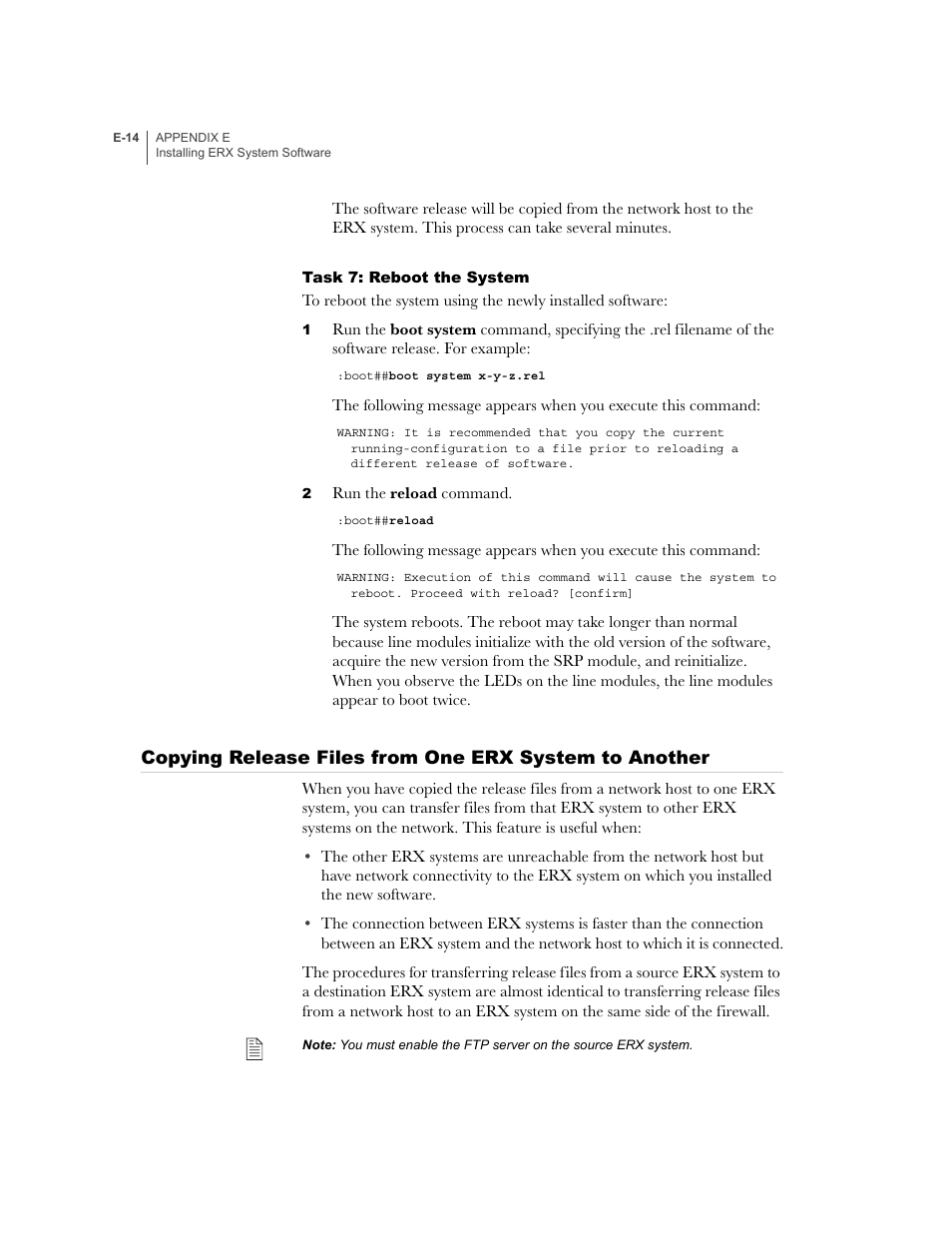 Task 7: reboot the system, E-14 | Juniper Networks ERX-1410 User Manual | Page 174 / 184