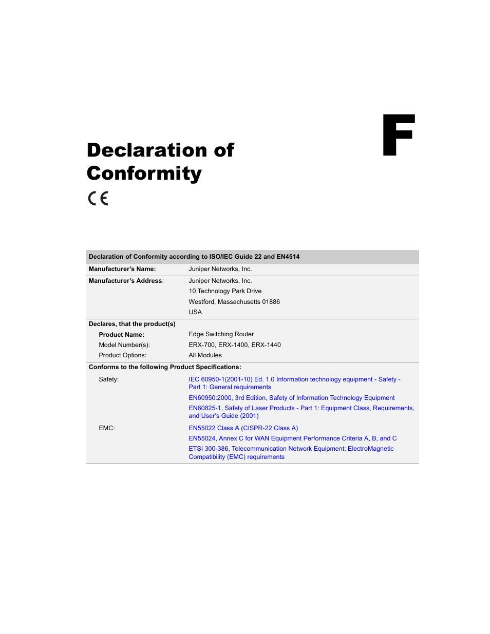 Declaration of conformity, Appendix f | Juniper Networks ERX-1410 User Manual | Page 177 / 184