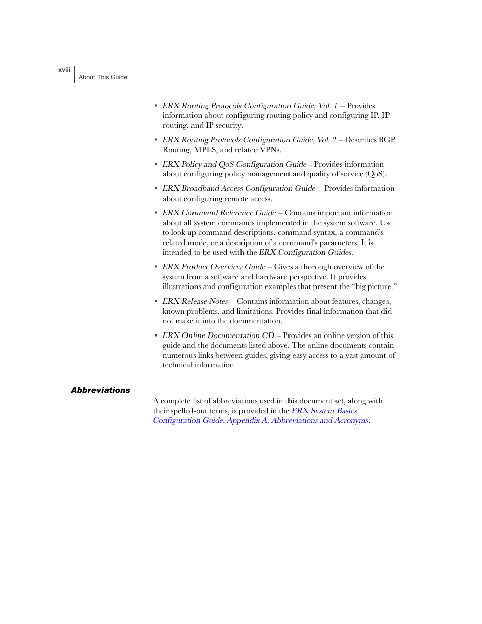 Abbreviations | Juniper Networks ERX-1410 User Manual | Page 18 / 184
