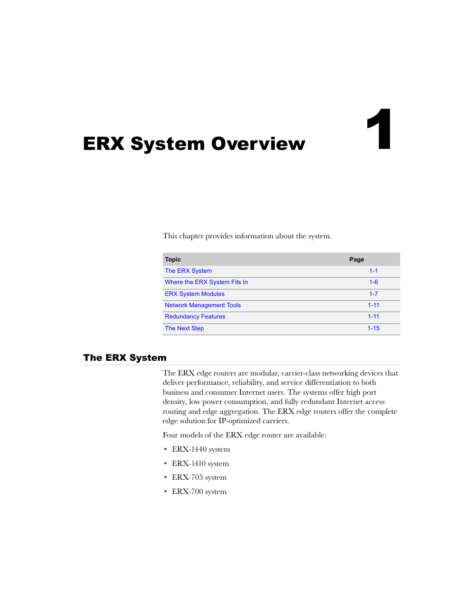Erx system overview, The erx system, Chapter 1 | The erx system -1 | Juniper Networks ERX-1410 User Manual | Page 21 / 184