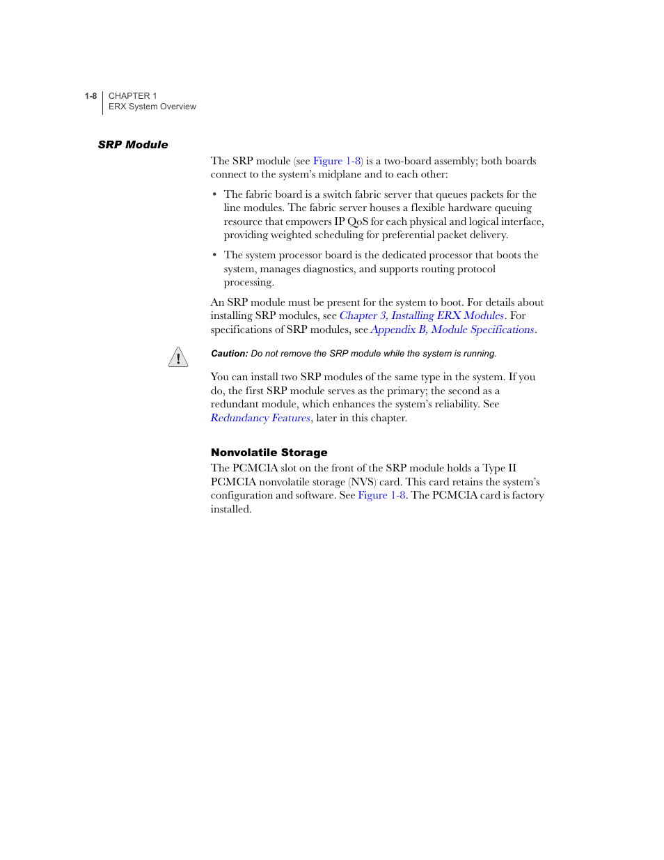 Srp module, Nonvolatile storage, Srp module -8 | Nonvolatile storage -8 | Juniper Networks ERX-1410 User Manual | Page 28 / 184