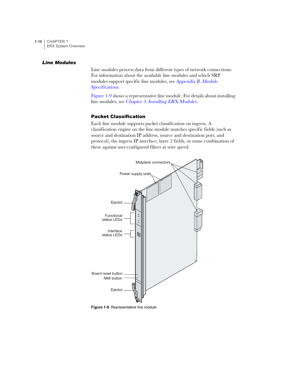 Line modules, Packet classification, Line modules -10 | Packet classification -10 | Juniper Networks ERX-1410 User Manual | Page 30 / 184