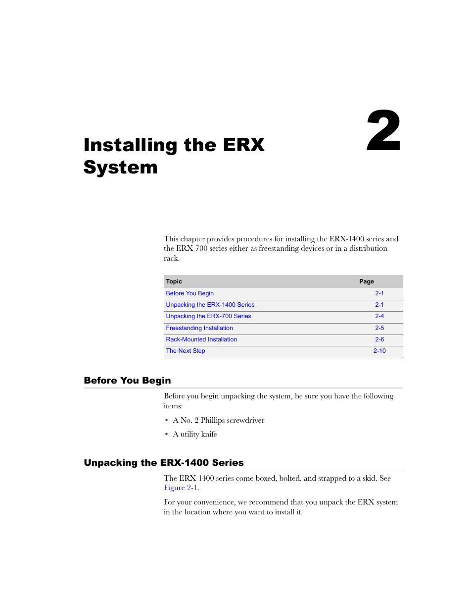 Installing the erx system, Before you begin, Unpacking the erx-1400 series | Chapter 2, Chapter 2, installing the erx system | Juniper Networks ERX-1410 User Manual | Page 37 / 184