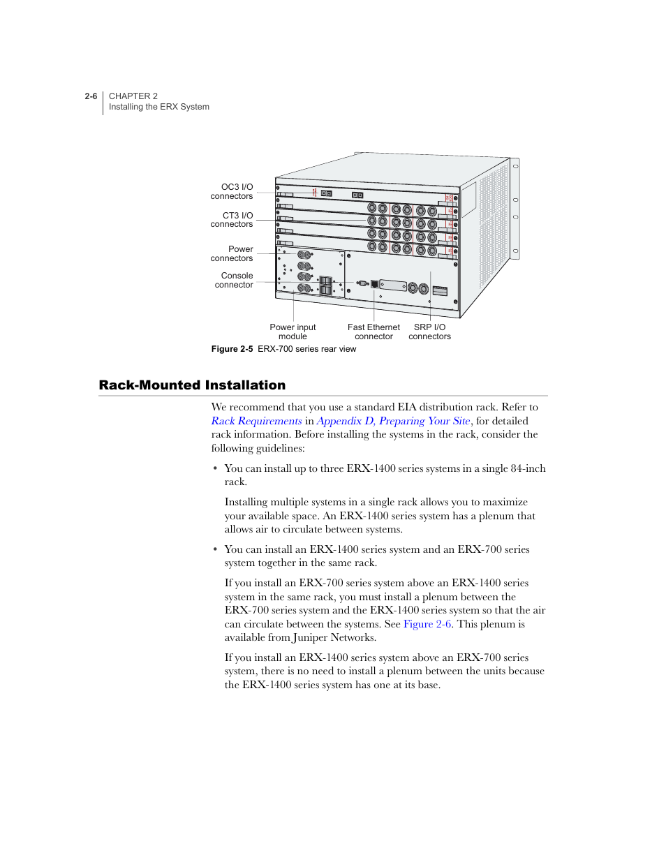 Rack-mounted installation, Rack-mounted installation -6, Figure 2-5 | Juniper Networks ERX-1410 User Manual | Page 42 / 184