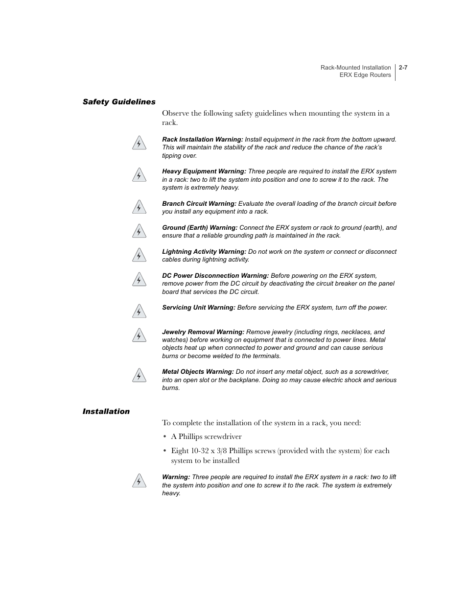 Safety guidelines, Installation, Safety guidelines -7 installation -7 | Juniper Networks ERX-1410 User Manual | Page 43 / 184