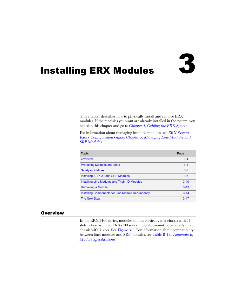 Installing erx modules, Overview, Chapter 3 | Overview -1, Les, see, Chapter 3, installing erx modules, Chapter 3, installing, Erx modules, Chapter 3, installing erx, Modules | Juniper Networks ERX-1410 User Manual | Page 47 / 184