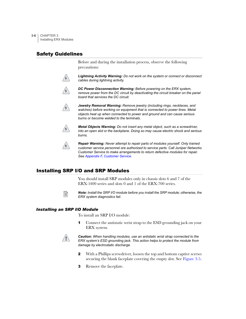 Safety guidelines, Installing srp i/o and srp modules, Installing an srp i/o module | Installing an srp i/o module -6 | Juniper Networks ERX-1410 User Manual | Page 52 / 184