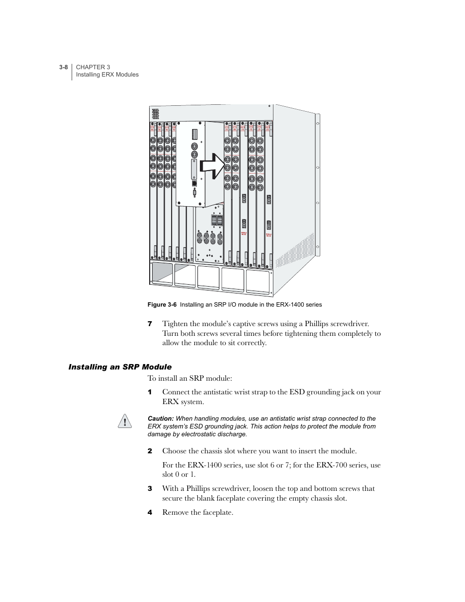 Installing an srp module, Installing an srp module -8 | Juniper Networks ERX-1410 User Manual | Page 54 / 184