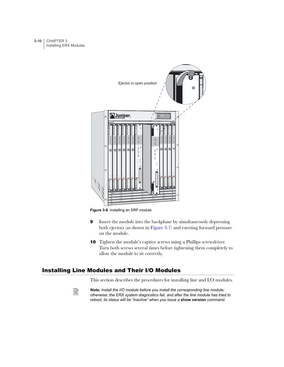 Installing line modules and their i/o modules, Installing line modules and their i/o modules -10, Chassis | Figure 3-8 | Juniper Networks ERX-1410 User Manual | Page 56 / 184