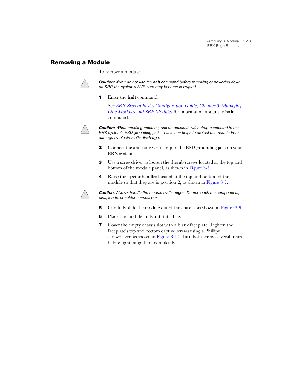 Removing a module, Removing a module -13 | Juniper Networks ERX-1410 User Manual | Page 59 / 184