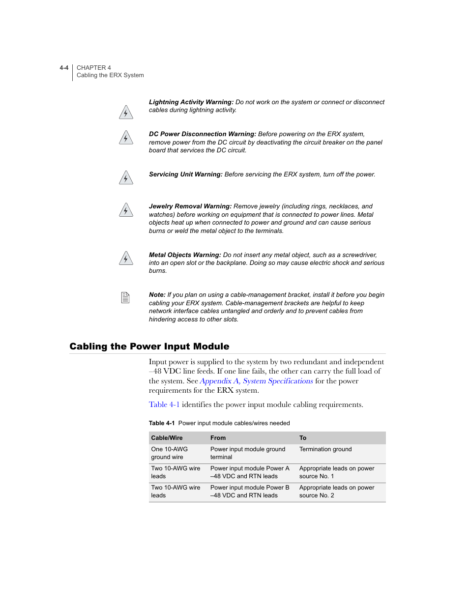 Cabling the power input module, Cabling the power input module -4 | Juniper Networks ERX-1410 User Manual | Page 68 / 184