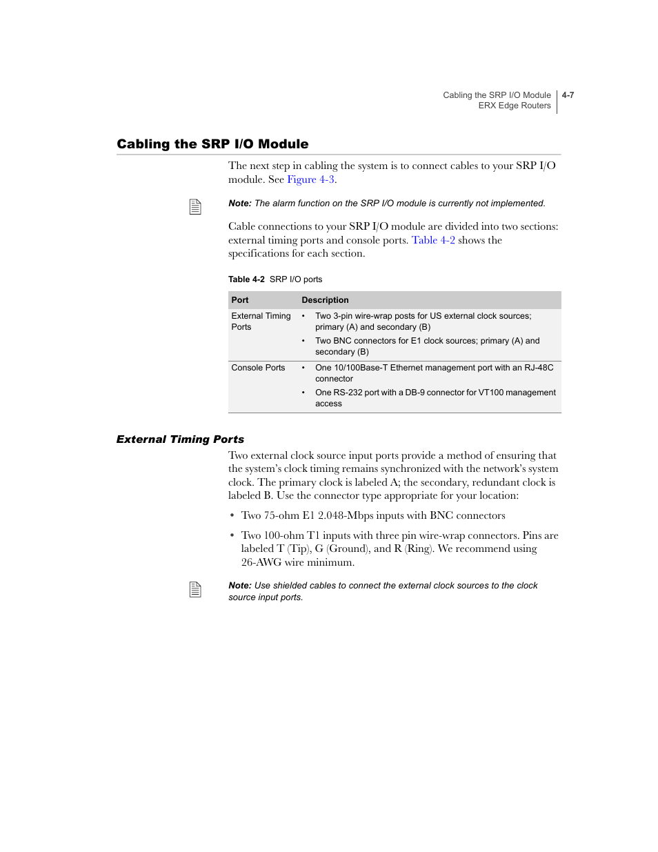 Cabling the srp i/o module, External timing ports, Cabling the srp i/o module -7 | External timing ports -7 | Juniper Networks ERX-1410 User Manual | Page 71 / 184