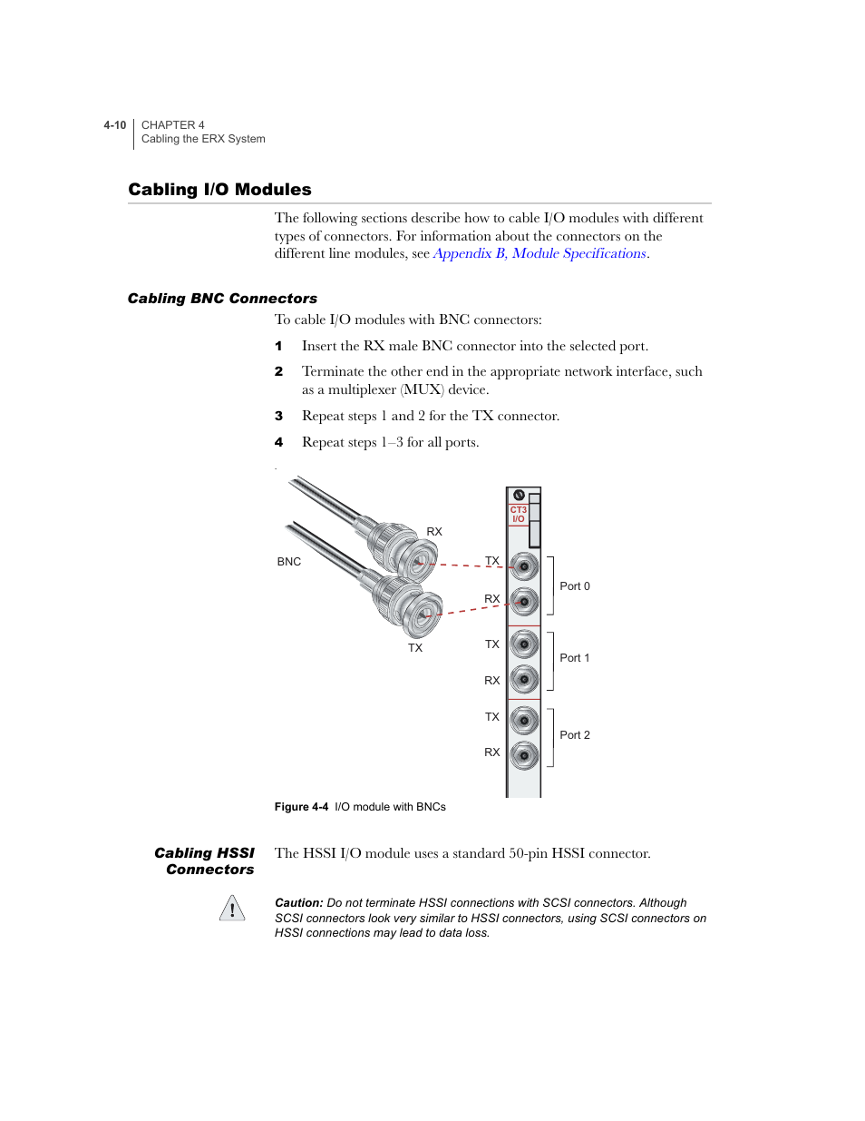 Cabling i/o modules, Cabling bnc connectors, Cabling i/o modules -10 | Cabling bnc connectors -10 | Juniper Networks ERX-1410 User Manual | Page 74 / 184