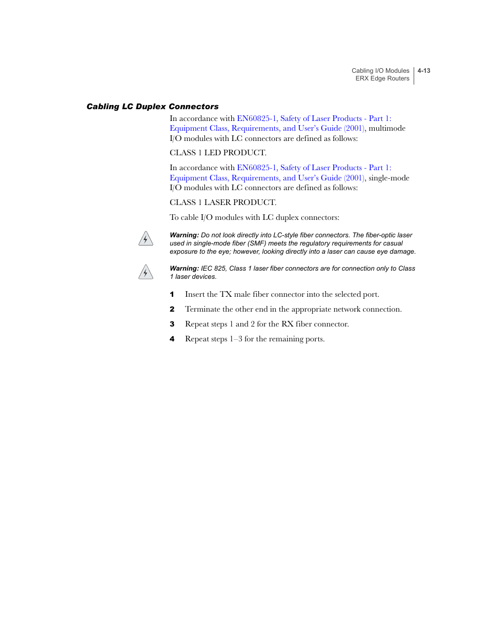 Cabling lc duplex connectors, Cabling lc duplex connectors -13 | Juniper Networks ERX-1410 User Manual | Page 77 / 184