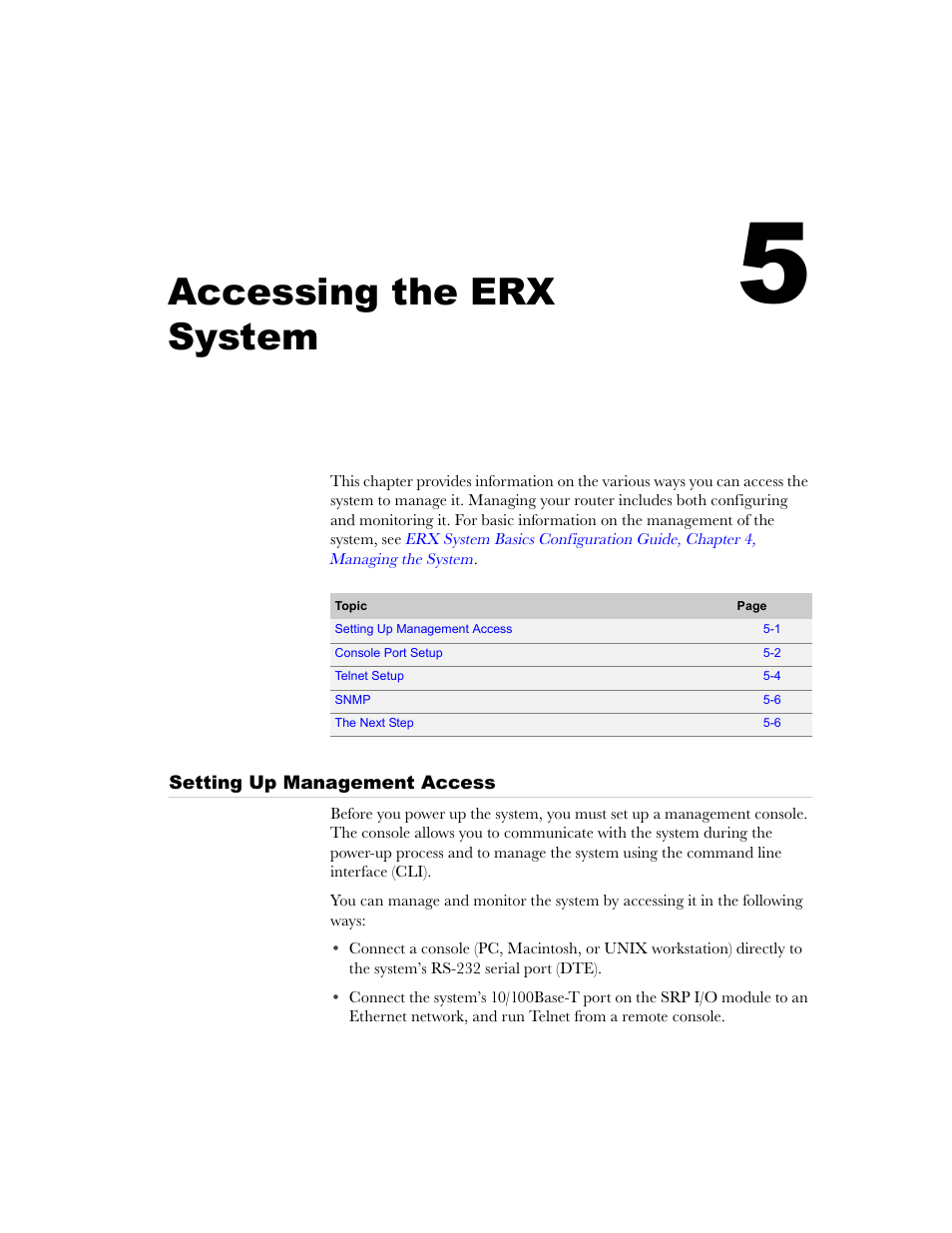 Accessing the erx system, Setting up management access, Chapter 5 | Setting up management access -1, Chapter 5, accessing the erx system | Juniper Networks ERX-1410 User Manual | Page 83 / 184