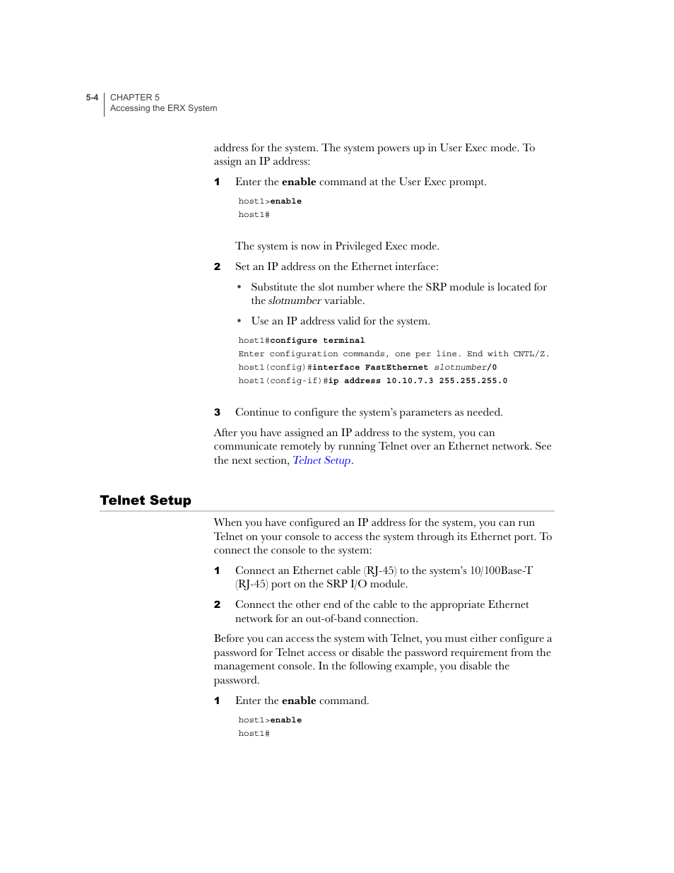 Telnet setup, Telnet setup -4 | Juniper Networks ERX-1410 User Manual | Page 86 / 184