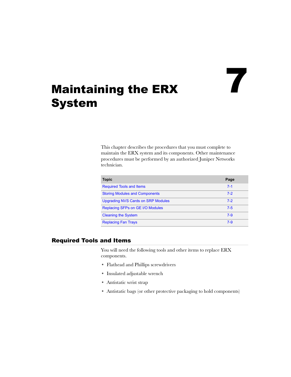 Maintaining the erx system, Required tools and items, Chapter 7 | Required tools and items -1 | Juniper Networks ERX-1410 User Manual | Page 93 / 184