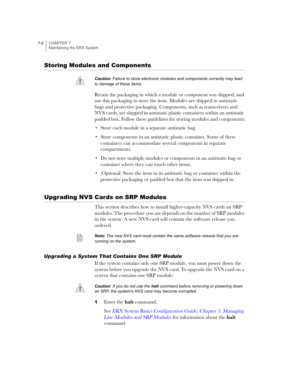 Storing modules and components, Upgrading nvs cards on srp modules, Upgrading a system that contains one srp module | Upgrading a system that contains one srp module -2 | Juniper Networks ERX-1410 User Manual | Page 94 / 184