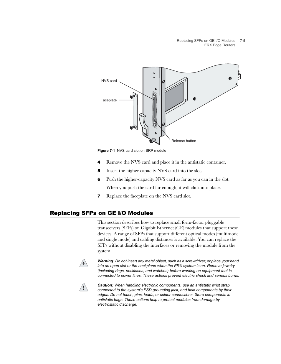 Replacing sfps on ge i/o modules, Replacing sfps on ge i/o modules -5, Figure 7-1 | Juniper Networks ERX-1410 User Manual | Page 97 / 184