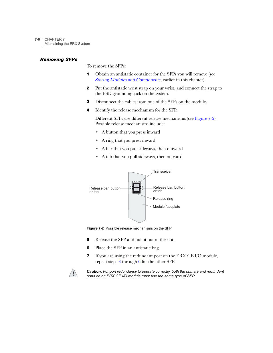 Removing sfps, Removing sfps -6 | Juniper Networks ERX-1410 User Manual | Page 98 / 184