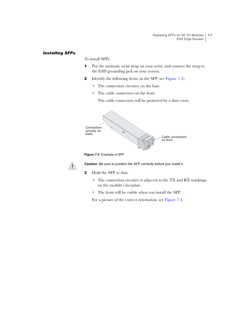 Installing sfps, Installing sfps -7 | Juniper Networks ERX-1410 User Manual | Page 99 / 184