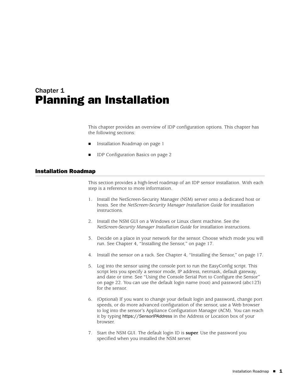 Planning an installation, Installation roadmap, Chapter 1 | Juniper Networks IDP 800 User Manual | Page 15 / 68