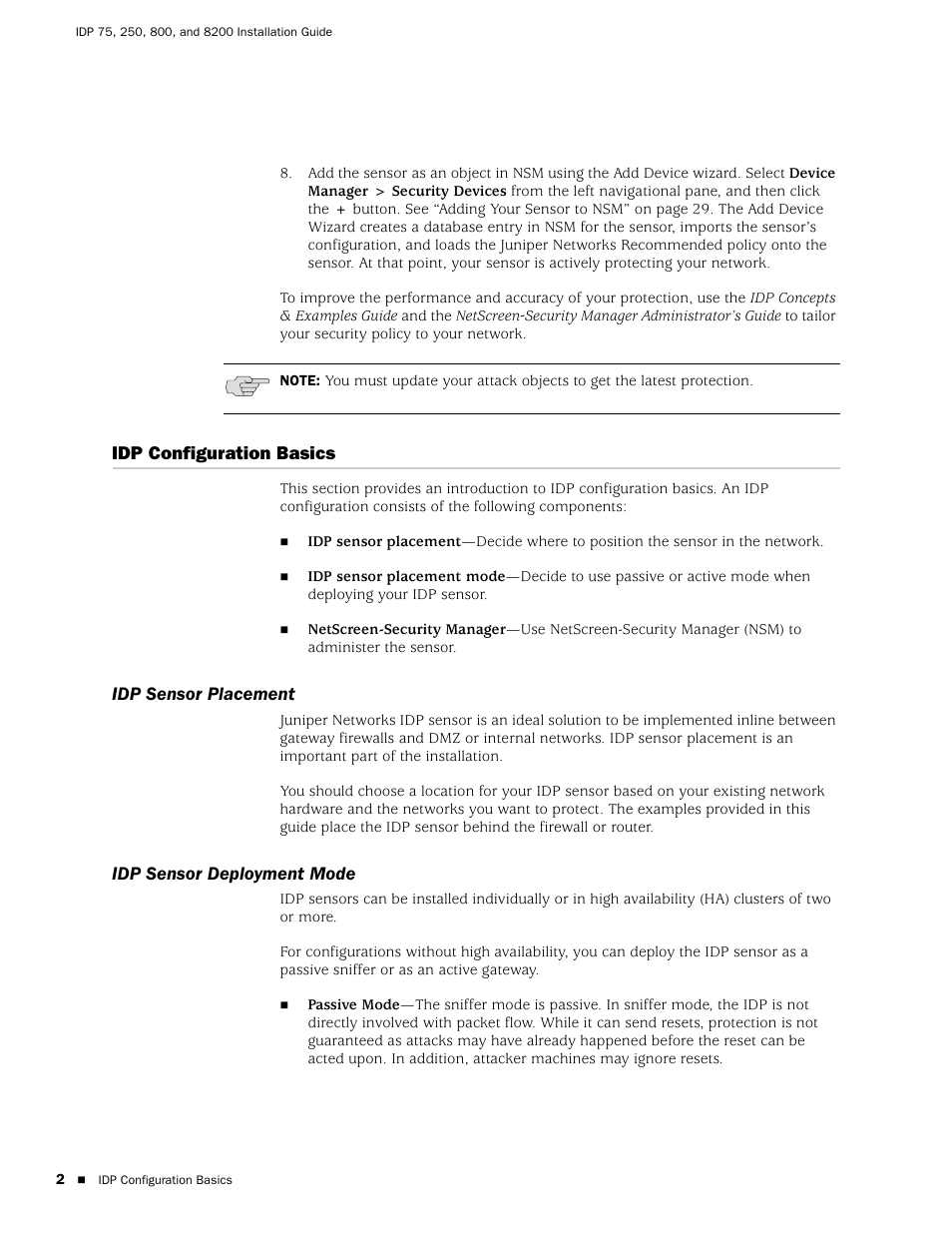 Idp configuration basics, Idp sensor placement, Idp sensor deployment mode | Idp sensor placement idp sensor deployment mode | Juniper Networks IDP 800 User Manual | Page 16 / 68