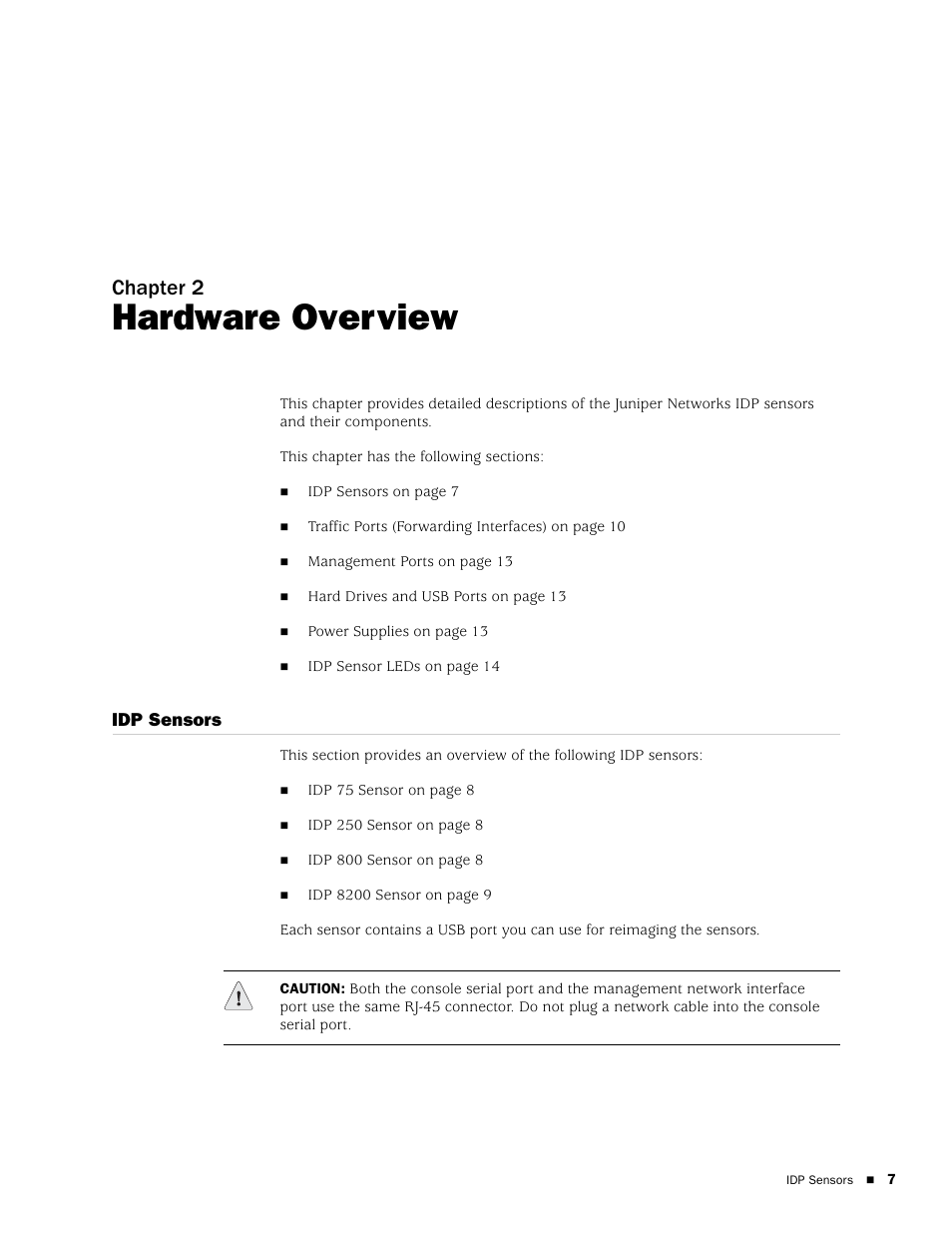 Hardware overview, Idp sensors, Chapter 2 | Juniper Networks IDP 800 User Manual | Page 21 / 68