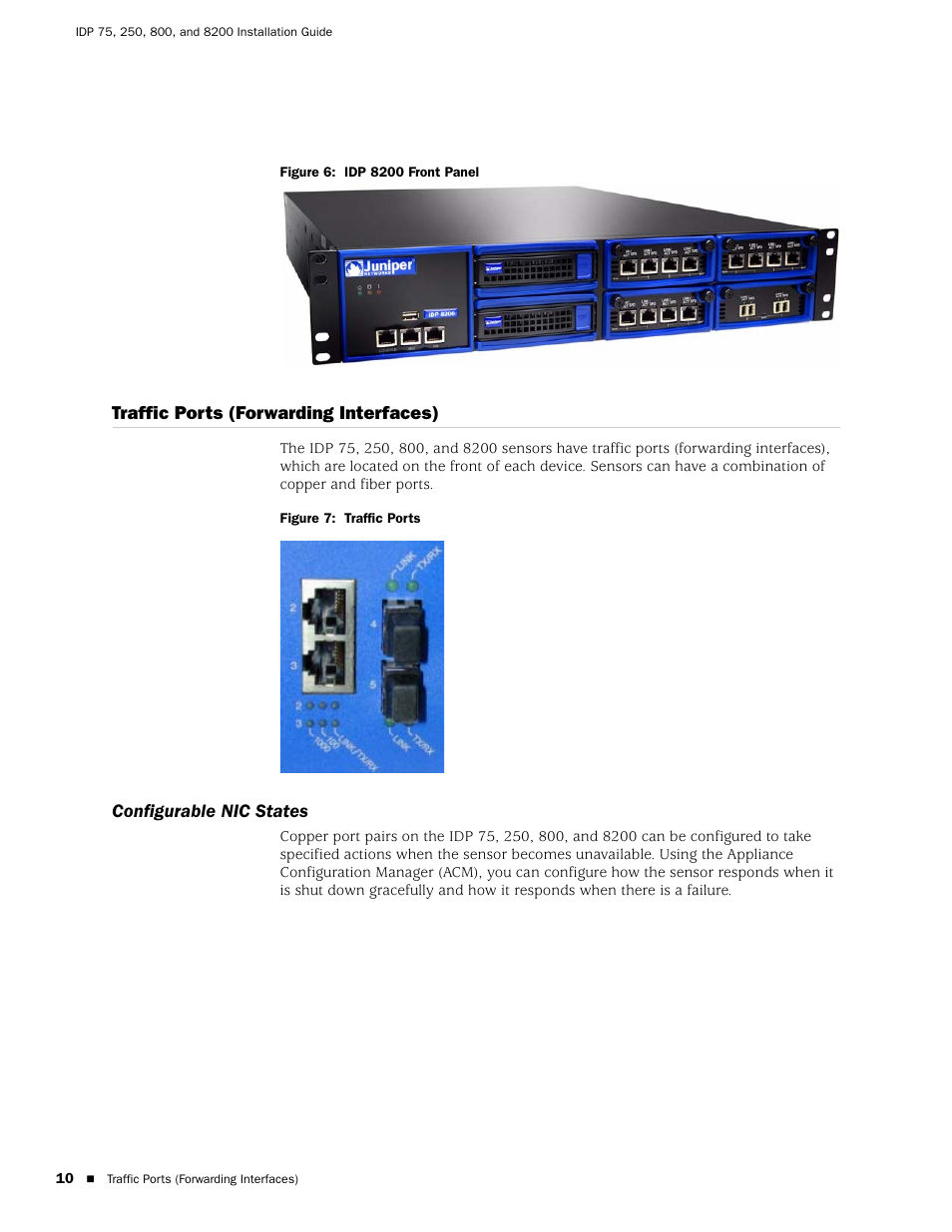 Traffic ports (forwarding interfaces), Configurable nic states | Juniper Networks IDP 800 User Manual | Page 24 / 68