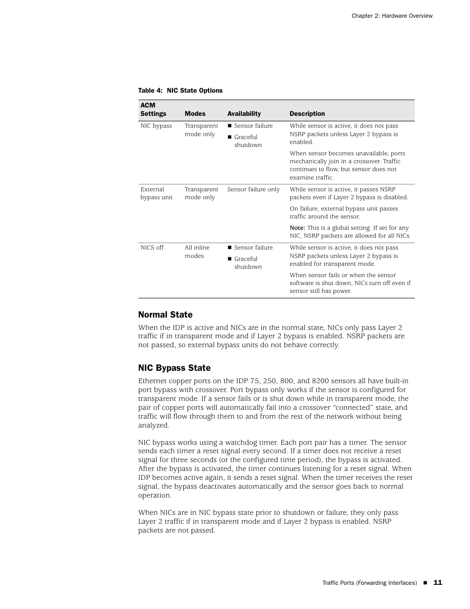 Normal state, Nic bypass state, Normal state nic bypass state | Table 4, Nic state options | Juniper Networks IDP 800 User Manual | Page 25 / 68